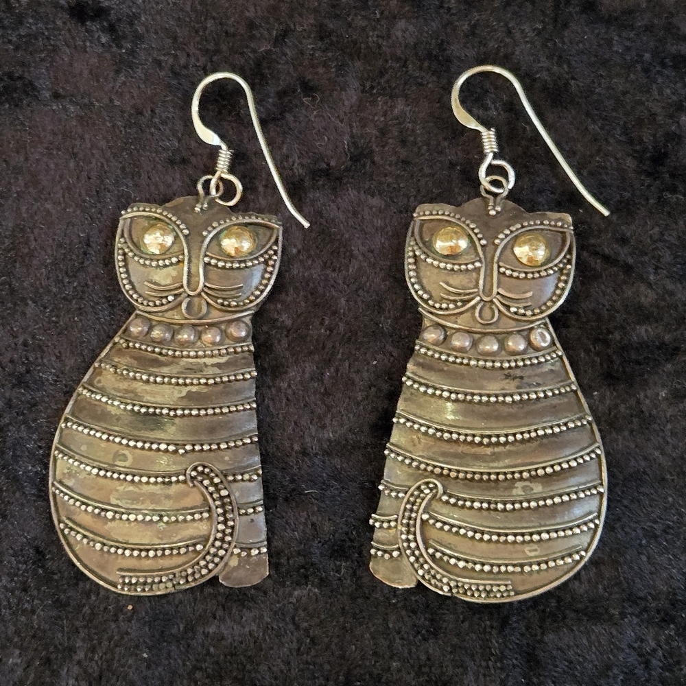 Vintage Kitty Cat Earrings Sterling Silver Handmade